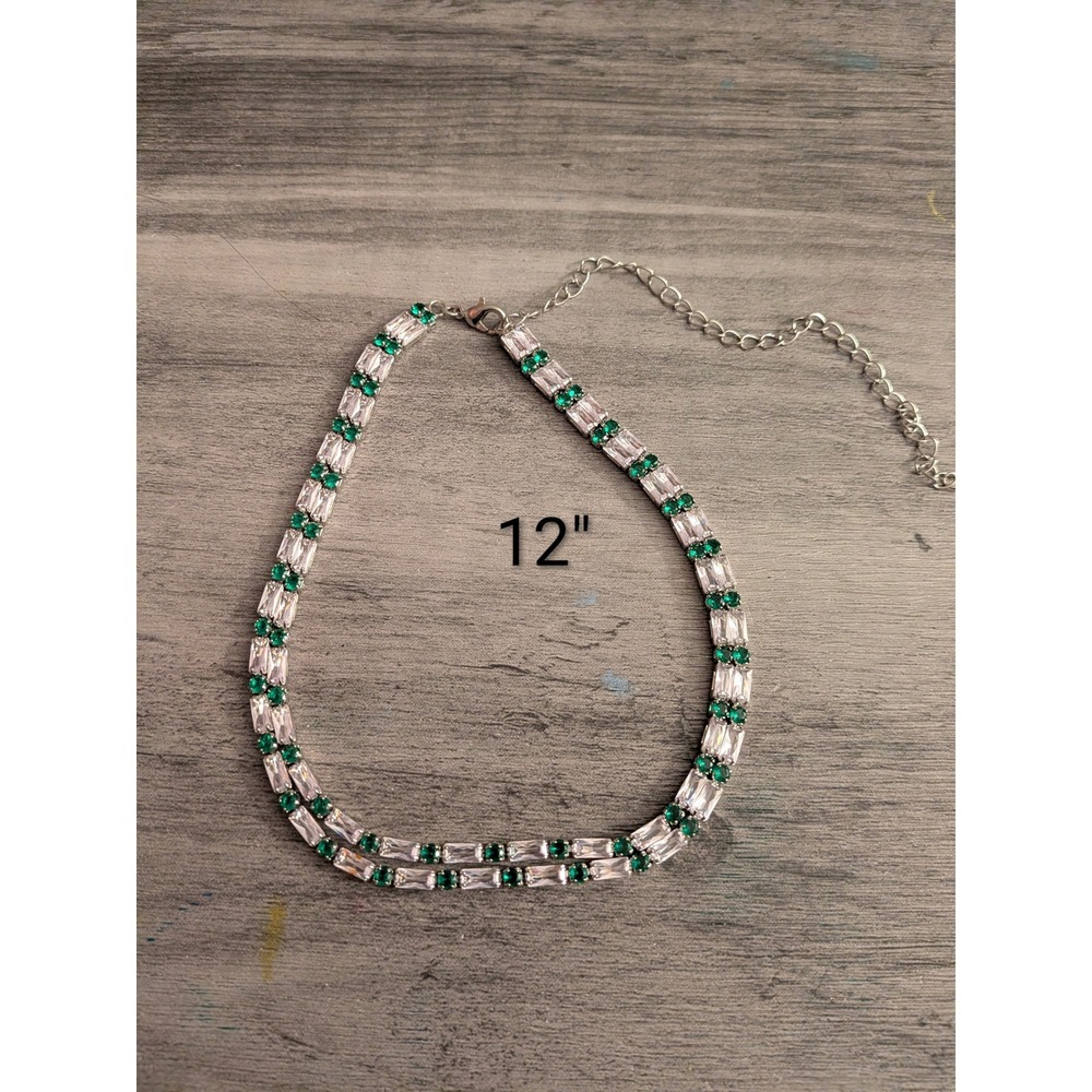 Silver Tone Emerald Green Clear Baguette CZ Double Row Tennis Choker Necklace